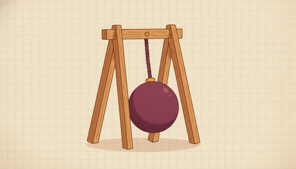 A large pendulum bob hanging from a wooden frame, caught mid-swing