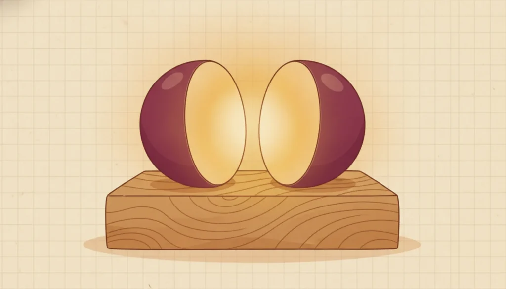 A smooth sphere on a wooden block cleanly halved, the two halves resting apart