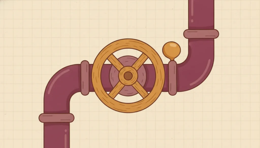 A valve wheel on a pipe with a pressure bulb swelling gently
