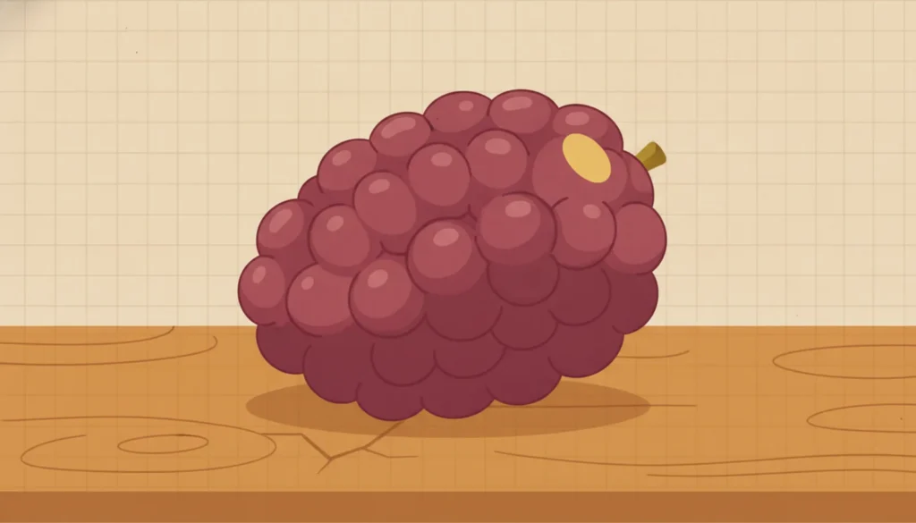 A rounded fruit on a wooden table with a single hairline crack running through it