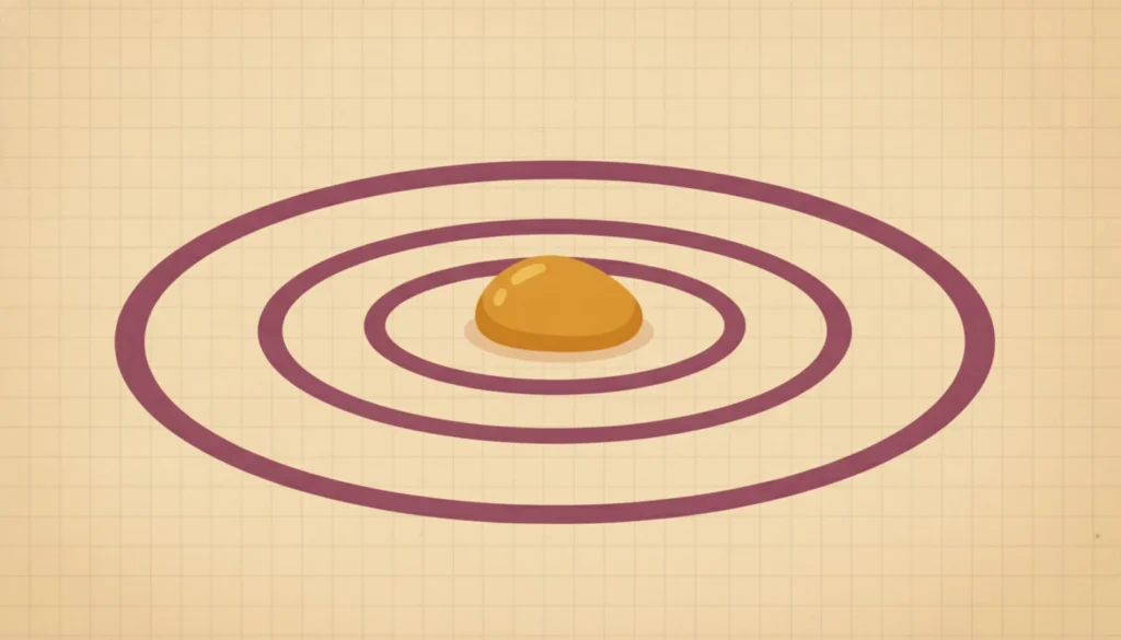A single pebble on a calm surface with a few soft ripple rings spreading outward