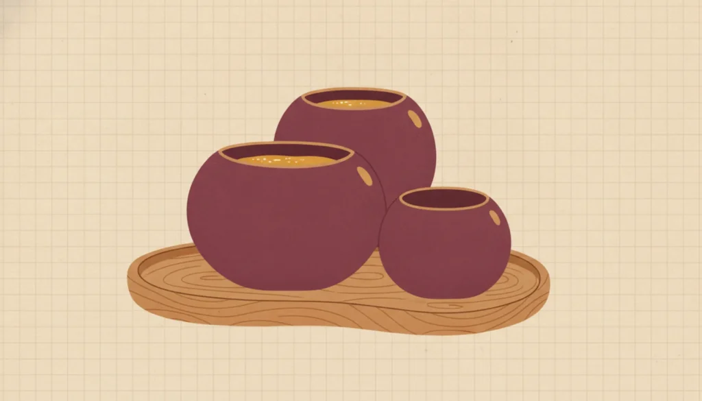 Three nested vessels of clearly different sizes on a wooden tray