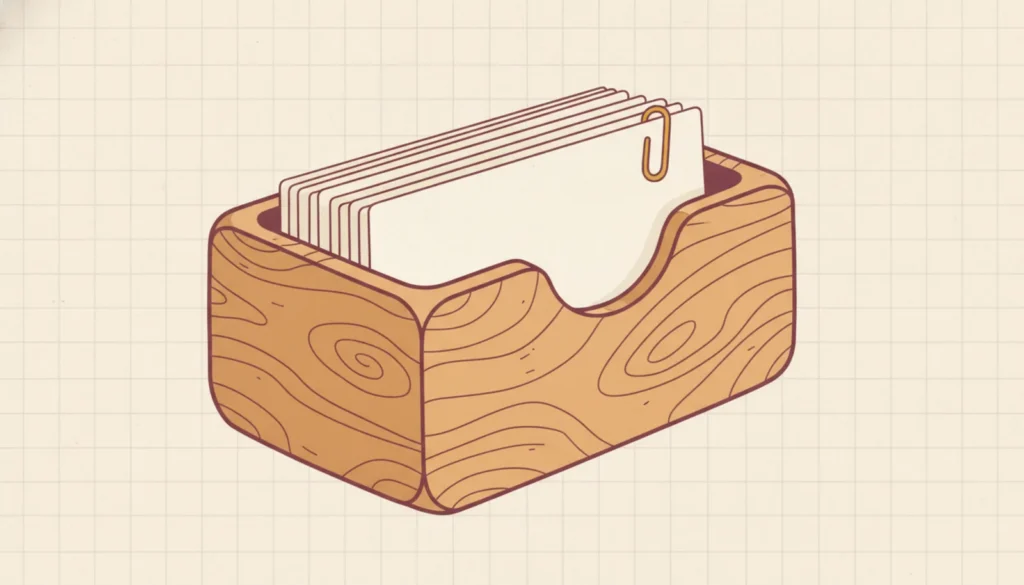 A wooden filing box of neatly stacked blank slips held with a paperclip