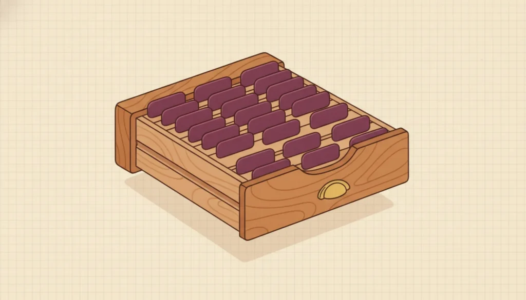 An open card-index drawer showing rows of blank unlabelled tabs
