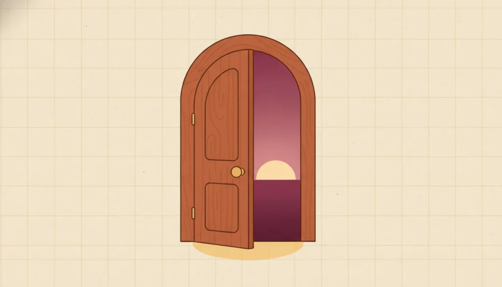 An open wooden doorway looking out onto a calm sunrise