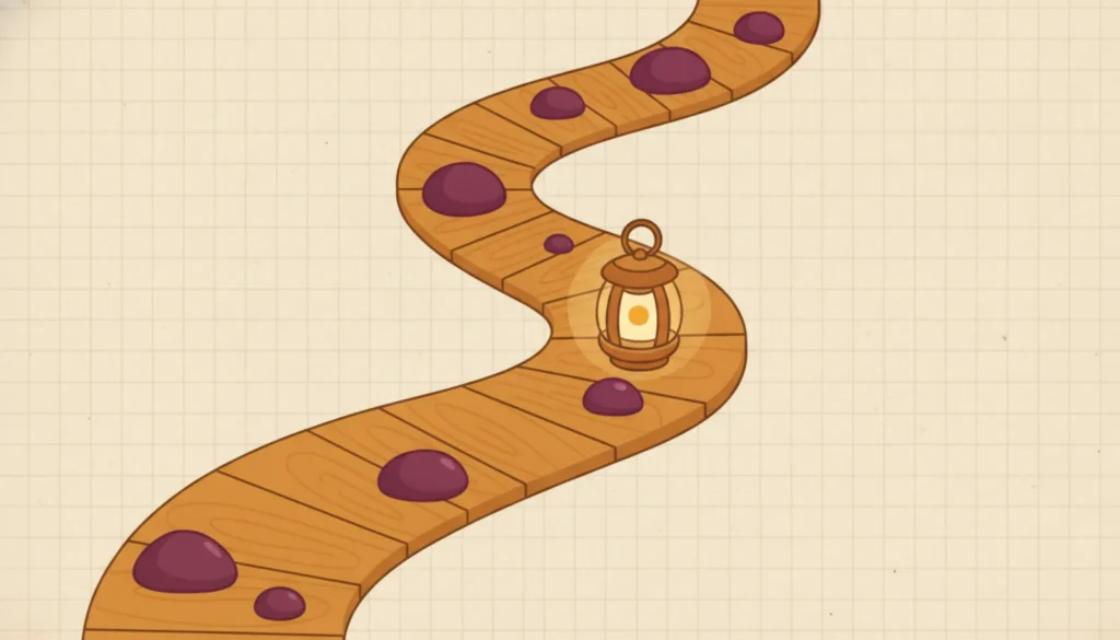 A path set with small stumbling stones, lit past them by a single lantern