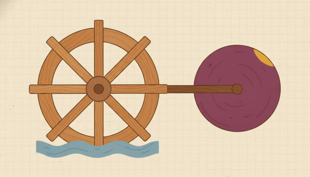 A wooden waterwheel whose axle turns a single smooth disc as one continuous mechanism