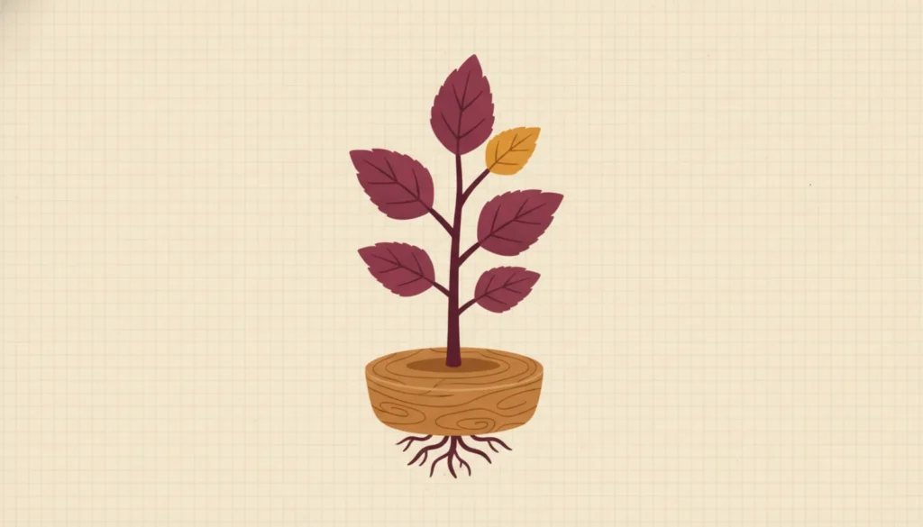 A young sapling growing from a wooden coin-shaped planter with roots visible