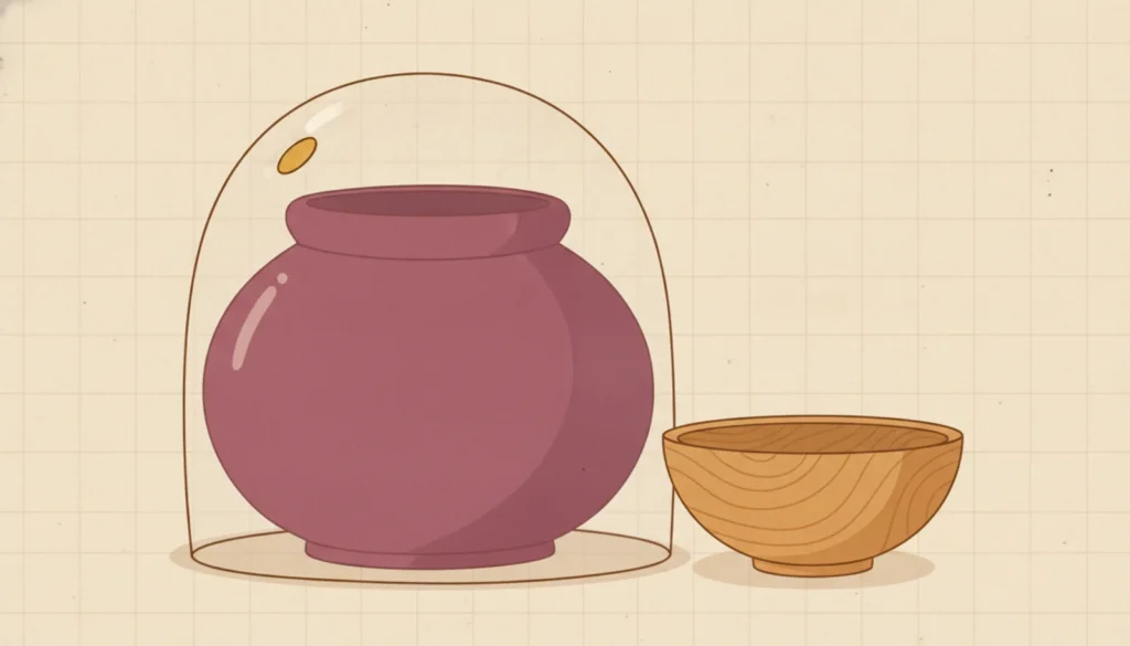 A sealed vessel under a glass dome beside an open wooden bowl