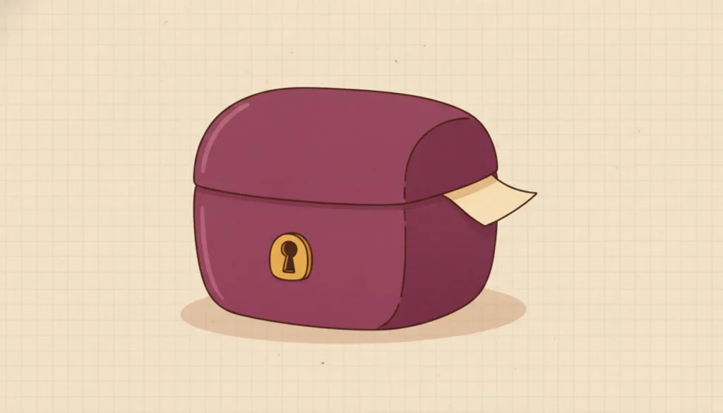 A locked strongbox with a keyhole and a folded slip of paper just visible under the lid