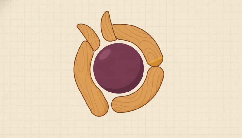 Wooden calipers measuring a smooth featureless sphere with no visible mechanism