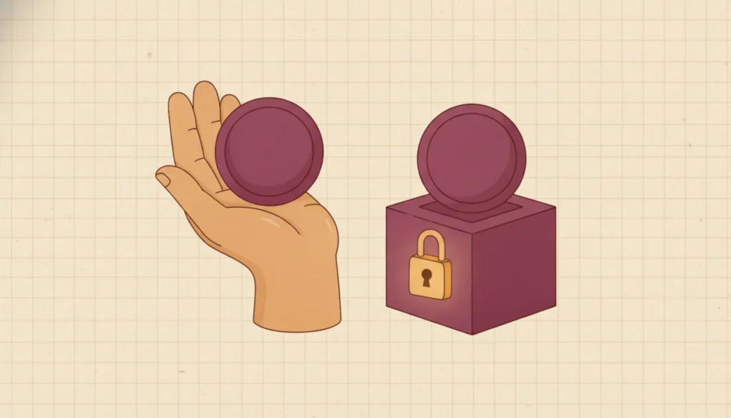Exchange or Self-Custody? An Honest Look at the Trade-offs - illustration: one mulberry coin resting in an open warm wooden hand-shaped holder beside an identic