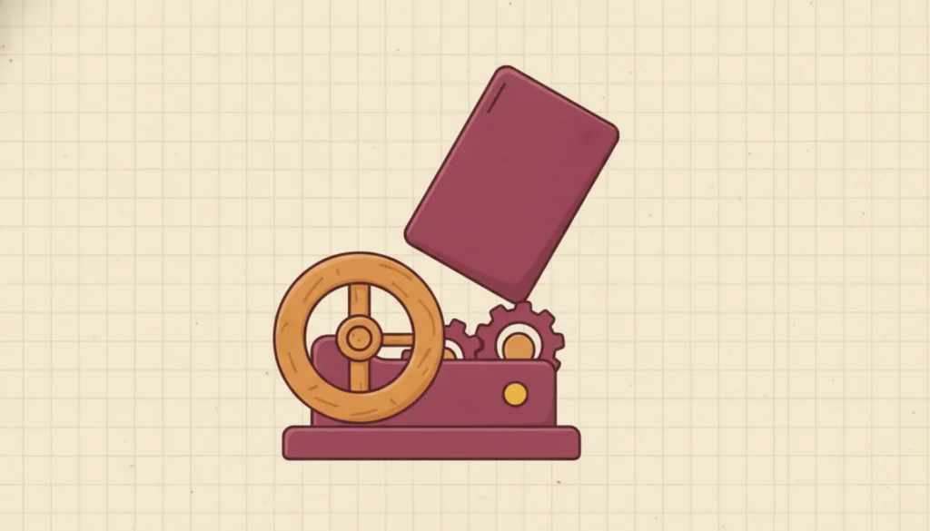 Hardware Wallet Firmware Updates: Why They Matter and How to Do Them Safely - illustration: a warm wooden hand-crank slowly raising one clean mulberry panel int