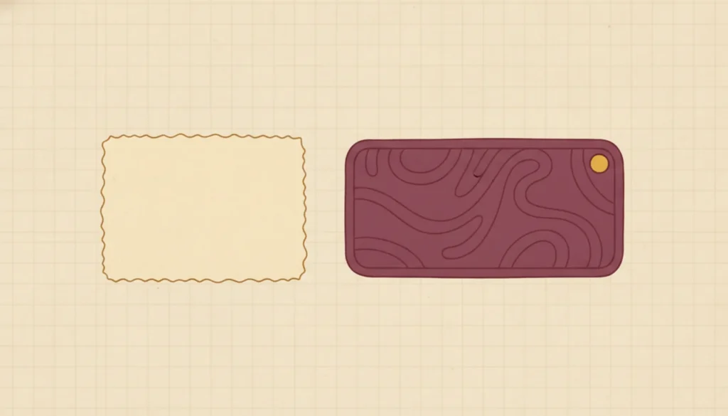 Metal Seed Backups vs Paper: What Actually Survives - illustration: one warm cream paper slip and one solid engraved mulberry metal plate lying side by side on